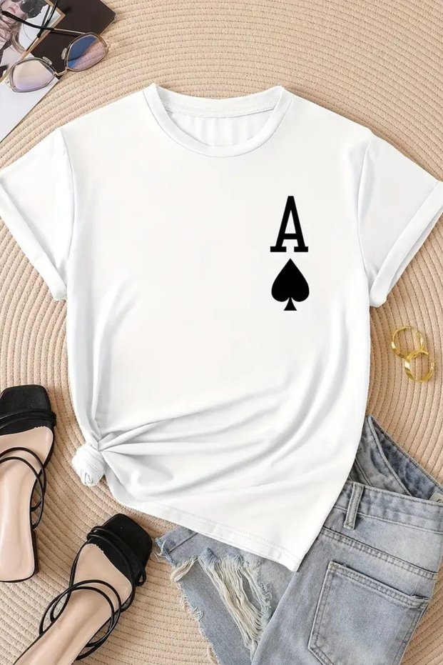 Unisex White Crew Neck Spade Ace Printed Oversized T-Shirt