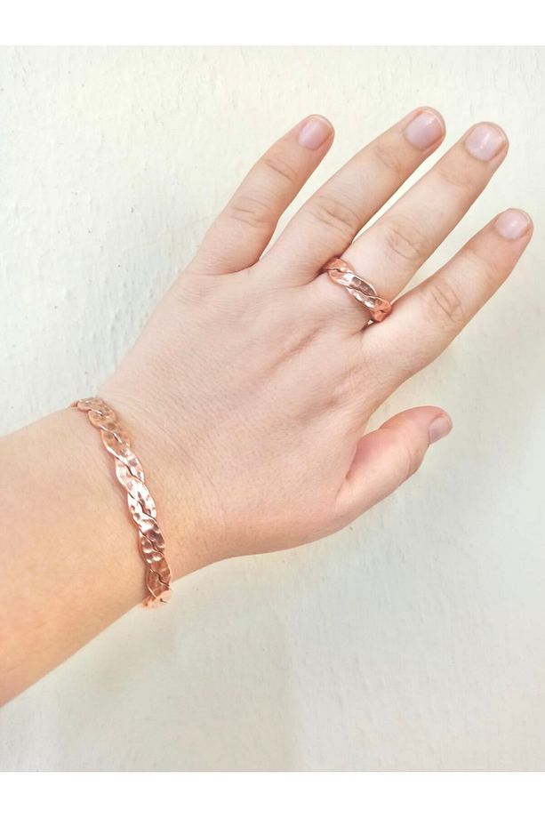 Saf Bakır Dövme Örgü Desen Bilezik Yüzük Set Kadın Erkek Unisex - 4
