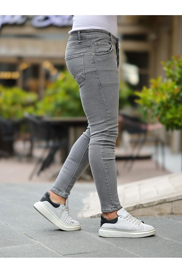 Erkek Esnek Basic Yüksek Bel Gri Dar Kot Pantolon - 3