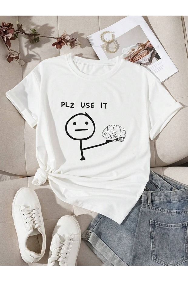 Unisex White Plz Use It Printed Oversize T-Shirt