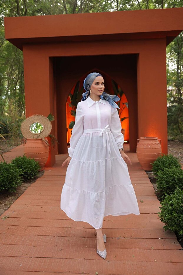 Women's Trend Stylish Terikoton Hijab White Long Dress