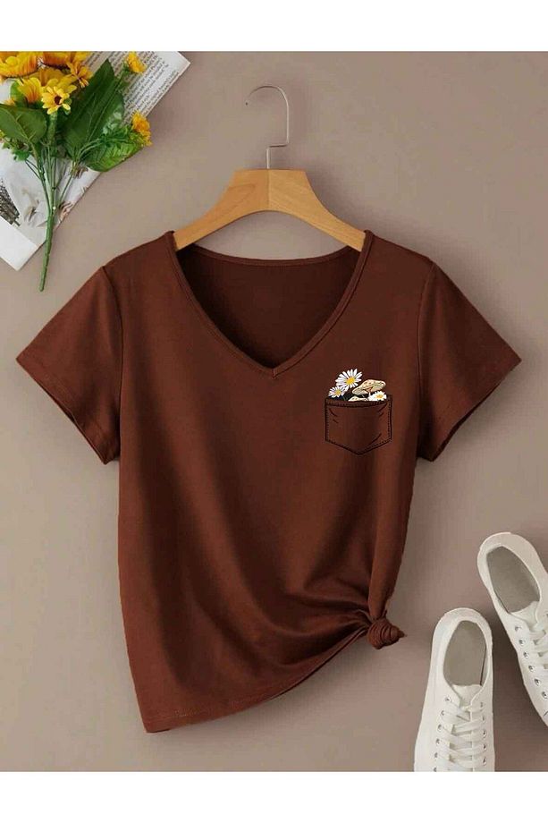 V Yaka Basic Çiçek Baskılı Pamuklu Tshirt (normal Kalıp) - 1