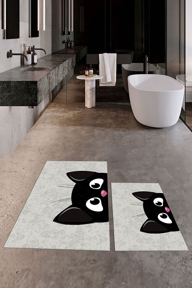Baskılı Yıkanabilir Kedi Desenli İkili Banyo Halısı Paspas Klozet Takımı, KLOZET-40-GRİ, - 4