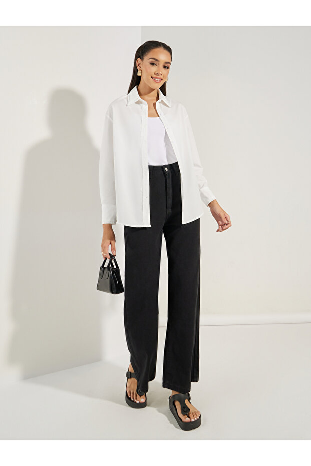 Solid Woven Double Collar Oversized Shirt - 2