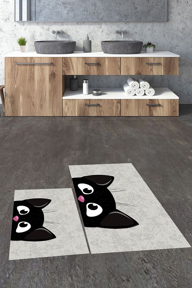 Baskılı Yıkanabilir Kedi Desenli İkili Banyo Halısı Paspas Klozet Takımı, KLOZET-40-GRİ, - 2