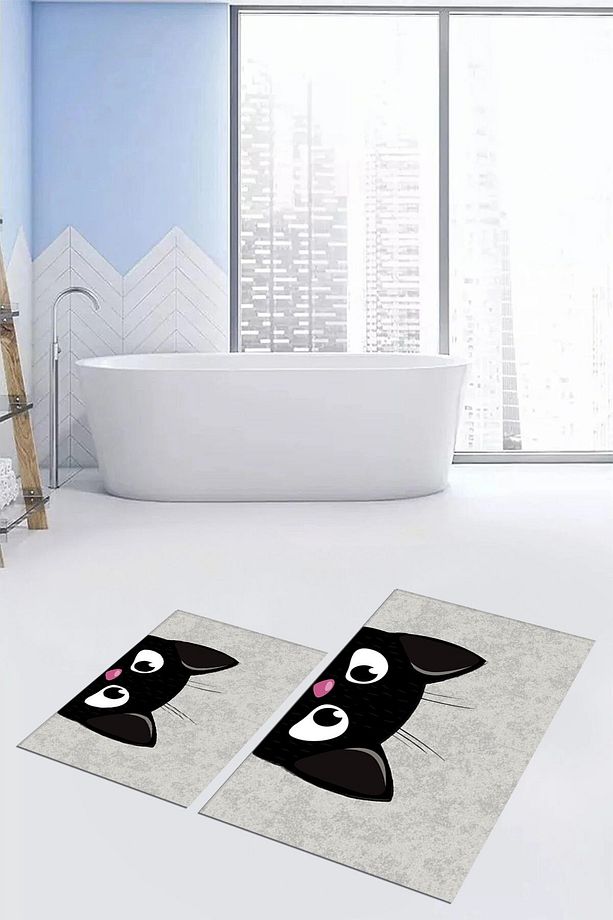 Baskılı Yıkanabilir Kedi Desenli İkili Banyo Halısı Paspas Klozet Takımı, KLOZET-40-GRİ, - 7