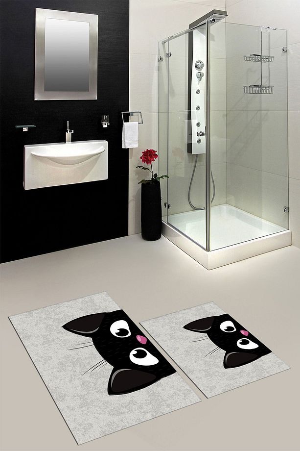 Baskılı Yıkanabilir Kedi Desenli İkili Banyo Halısı Paspas Klozet Takımı, KLOZET-40-GRİ, - 8