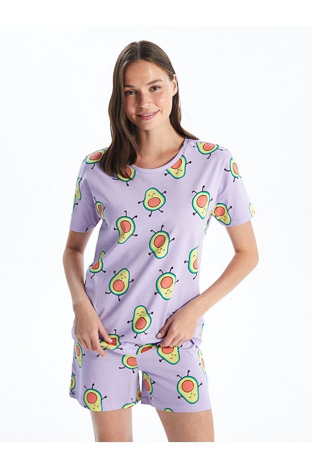 Bisiklet Yaka Desenli Kısa Kollu Kadın Şortlu Pijama Takımı - 1