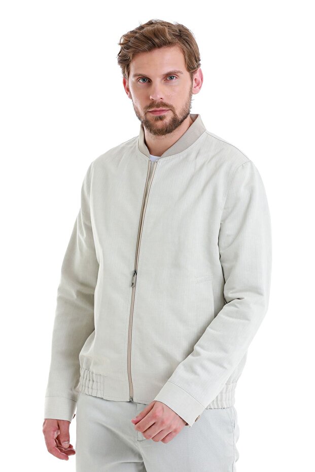 Bej Slim Fit Çizgili Dik Yaka Basic Mevsimlik Mont - 4