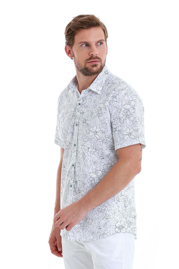 Lacivert Comfort Fit Baskılı 100% Pamuk Slim Yaka Kısa Kollu Gömlek - 3