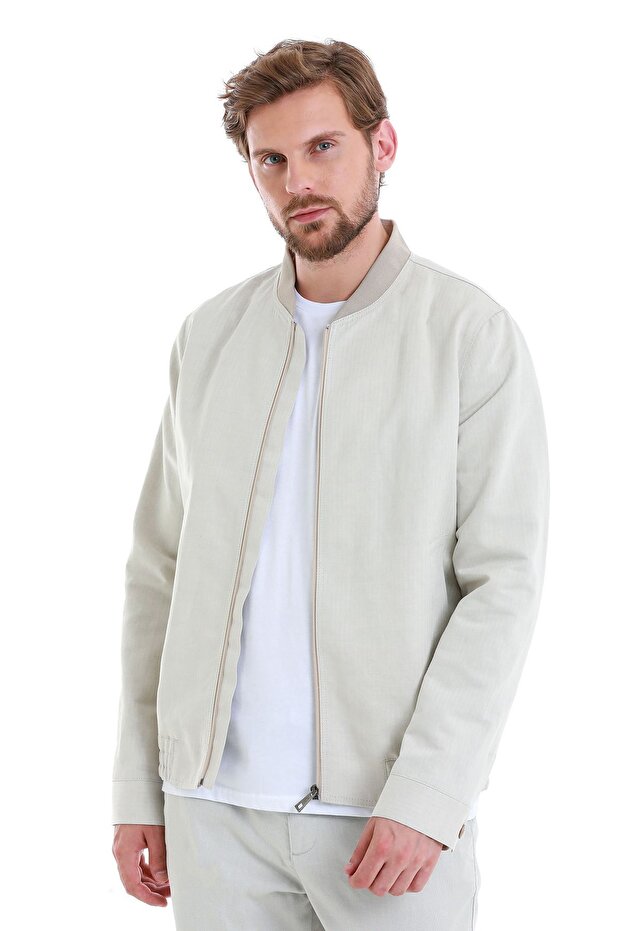 Bej Slim Fit Çizgili Dik Yaka Basic Mevsimlik Mont - 1