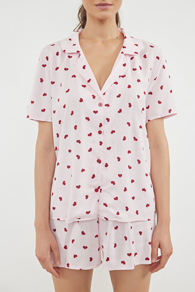 Pembe Çizgili Kalpli Viskon Şortlu Dokuma Pijama Takımı THMSS22PT0091 - 3