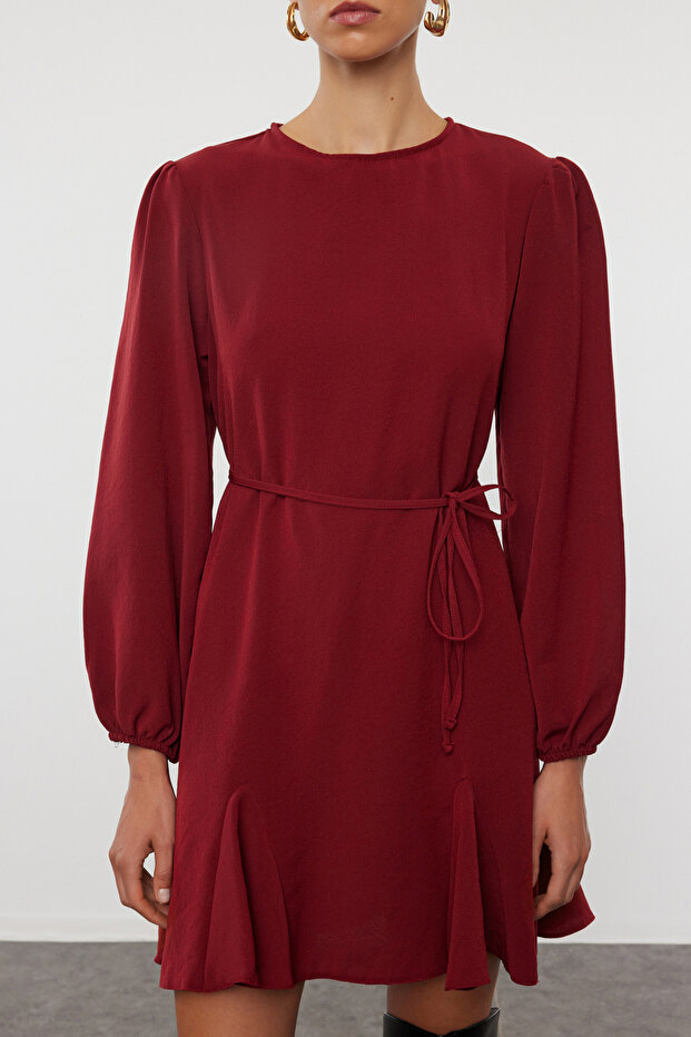 Bordo Kuşaklı Düz Mini Dokuma Elbise TWOAW24EL00337 - 3