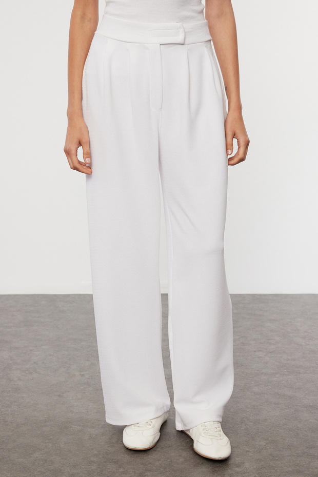 Beyaz Cırt Cırt Kapamalı Yüksek Bel Pileli Wide Leg Pantolon TWOAW24PL00177 - 1