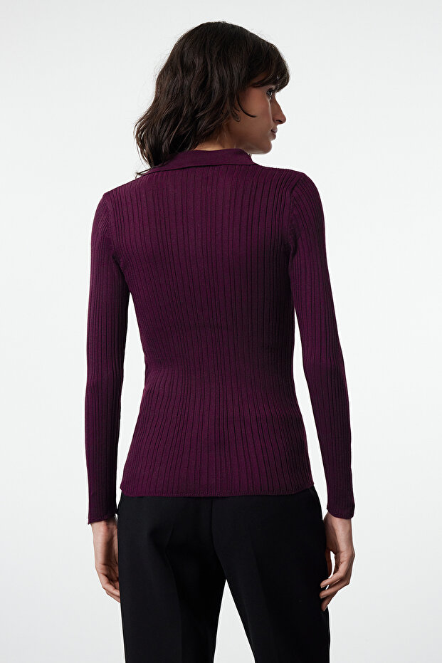 Mürdüm Merserize Görünümlü Fitilli Polo Yaka Triko Body Hırka TWOAW20HI0070 - 5