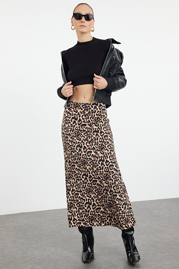 More Sustainable Çok Renkli Leopar Animal Desenli Maxi Boy Dokuma Etek TWOAW25ET00030