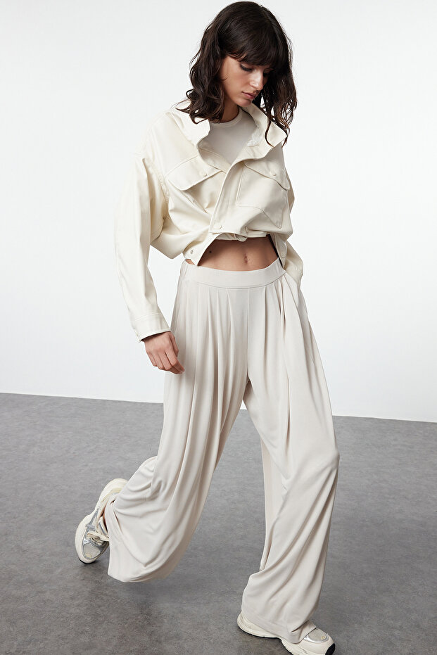 Taş Pilili Wide Leg/Rahat Kesim Esnek Modal Örme Pantolon TWOAW25PL00073 - 2