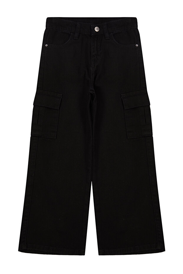 Siyah Kız Çocuk Wide Leg Kargo Cepli Pamuklu Denim Pantolon TKDSS24PL00001 - 5