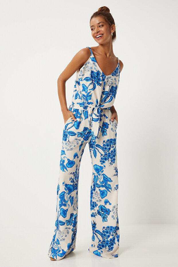 Women's Blue Ecru Patterned Viscose Blouse Palazzo Trousers Set Fn03251