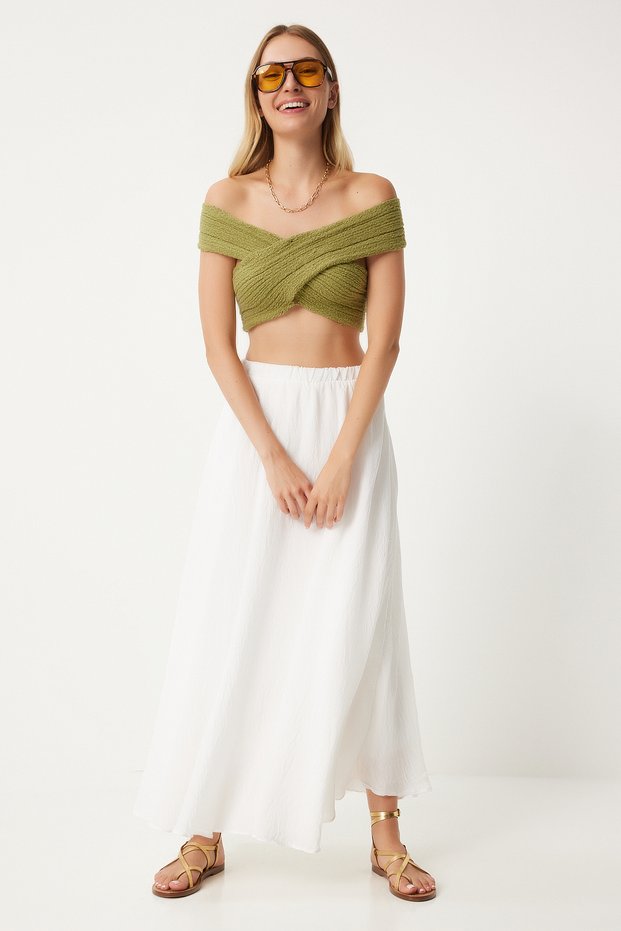 Women's Ecru Flounce Linen Blended Long Skirt Dp00209