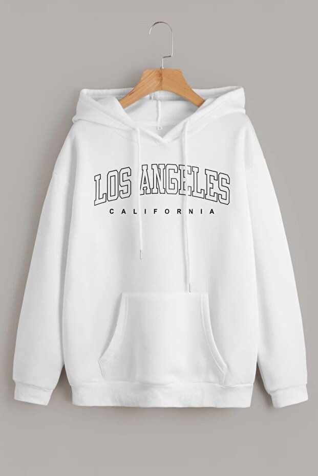 Unisex White Los Angeles Printed Hooded Oversize Sweatshirt Hoodie