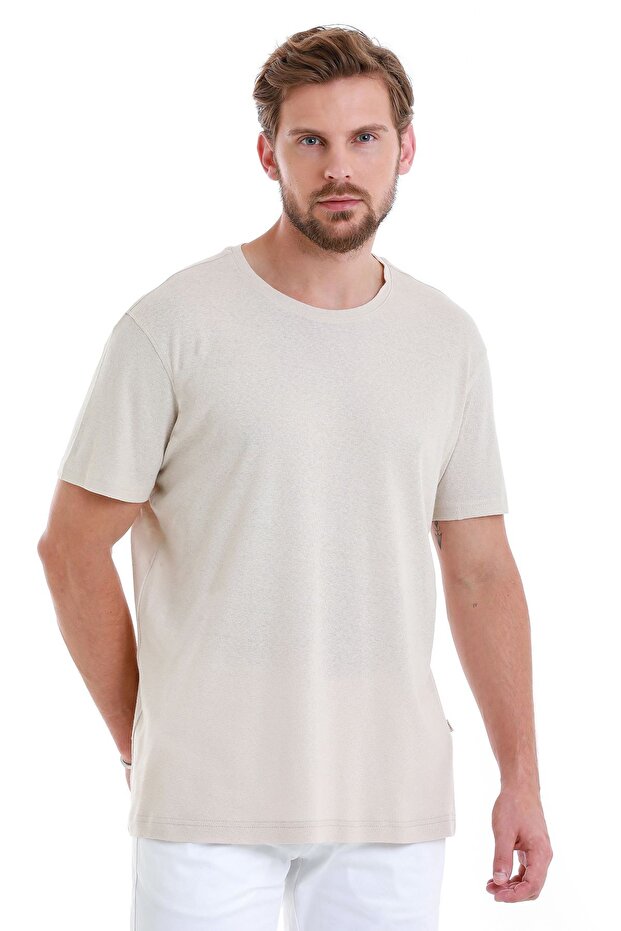 Λινό μπλουζάκι Ecru Regular Fit Solid Crew Neck