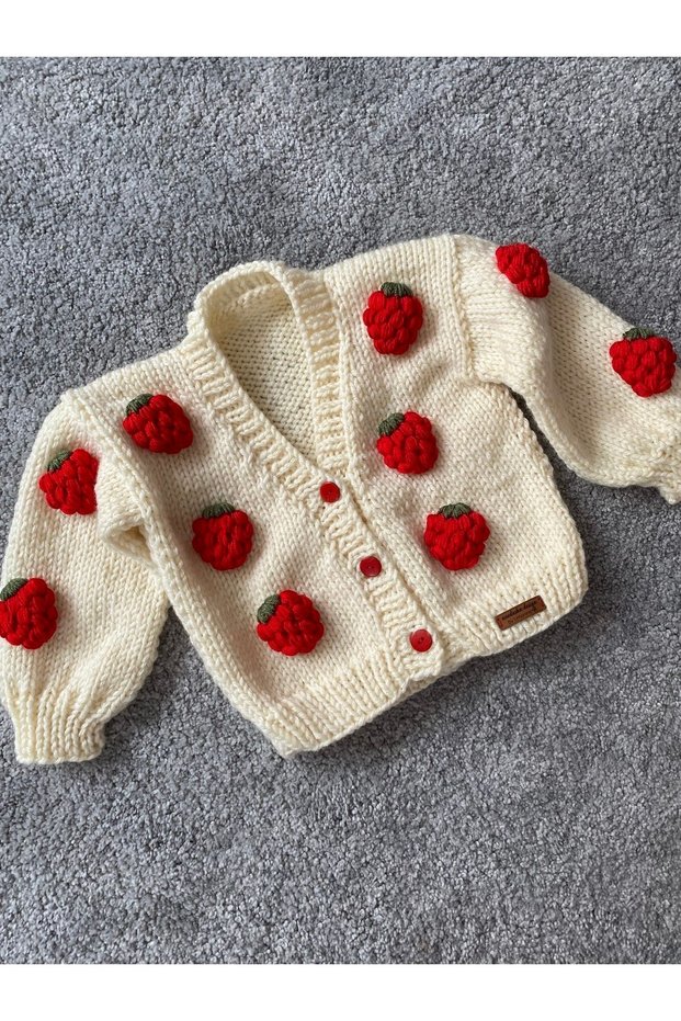 Hand Knitted Strawberry Detailed Adult Cardigan