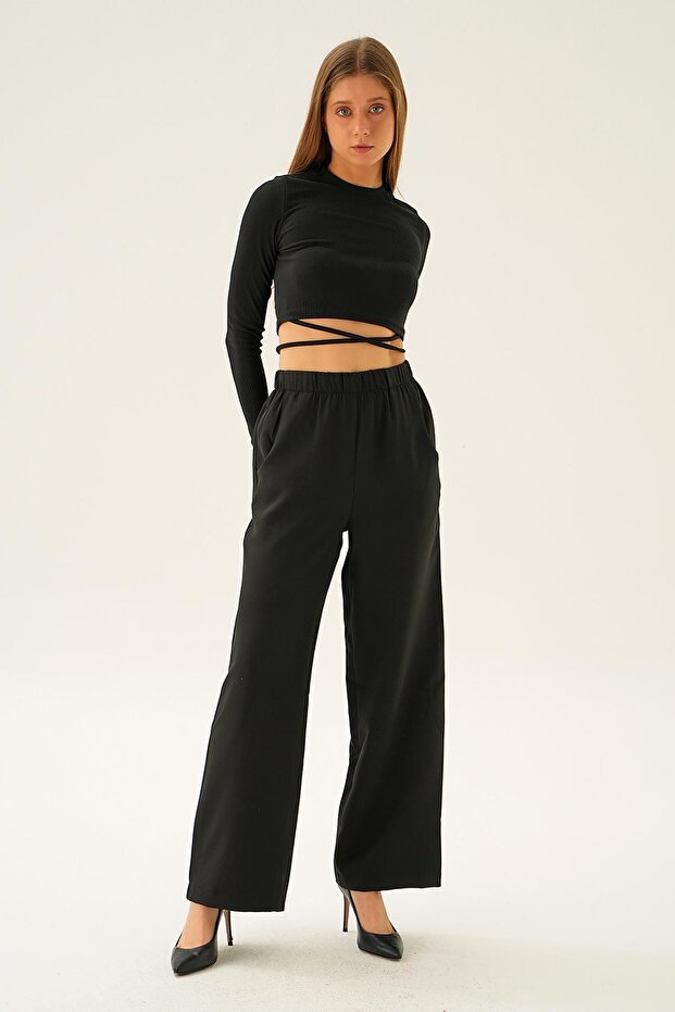 بنطلون أسود واسع - 6318A مع جيوب - 6