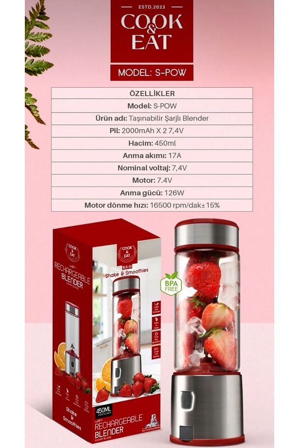 450 ml Taşınabilir Şarj Edilebilir Kişişel Blender Shake Smoothie Blender Keskin Bıçaklı Buz Kırıcı - 8