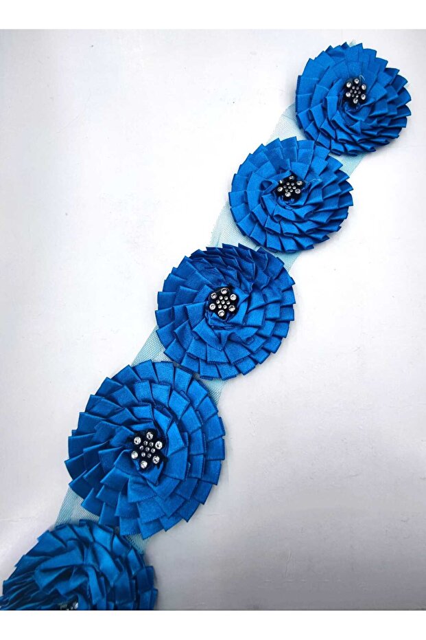 Satin Ribbon, Stoned Flower Applique, Dowry and Bundle Decoration, 8 cm Width / 8 cm Length (5 Pieces)