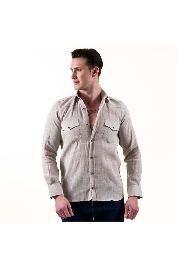 Gray Melange Natural Linen Slim Fit Double Pocket Flap Western Malboro Shirt