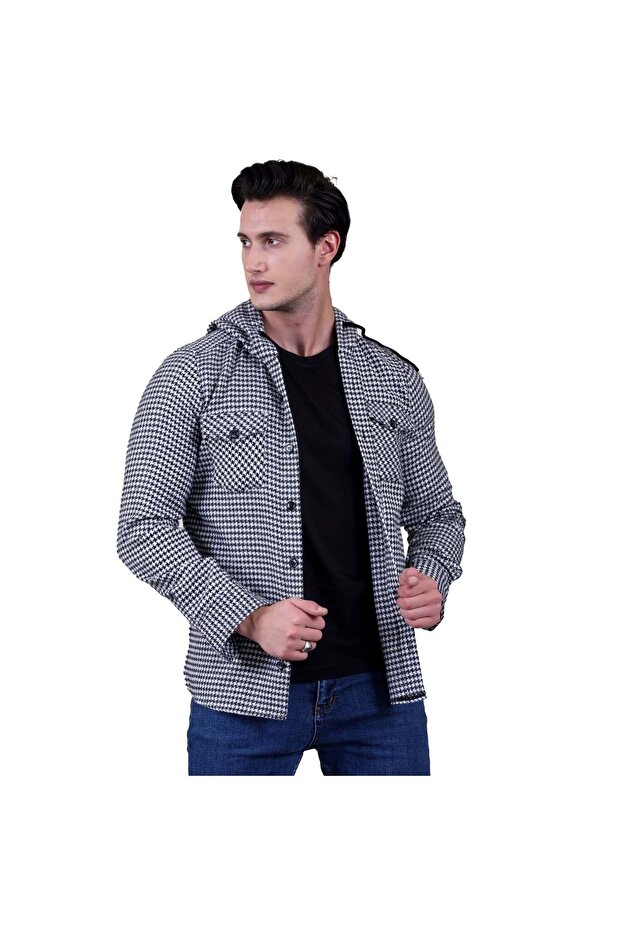 Black and White Houndstooth Patterned Hooded Double Pocket Woolen Winter Lumberjack Jacket Shirt