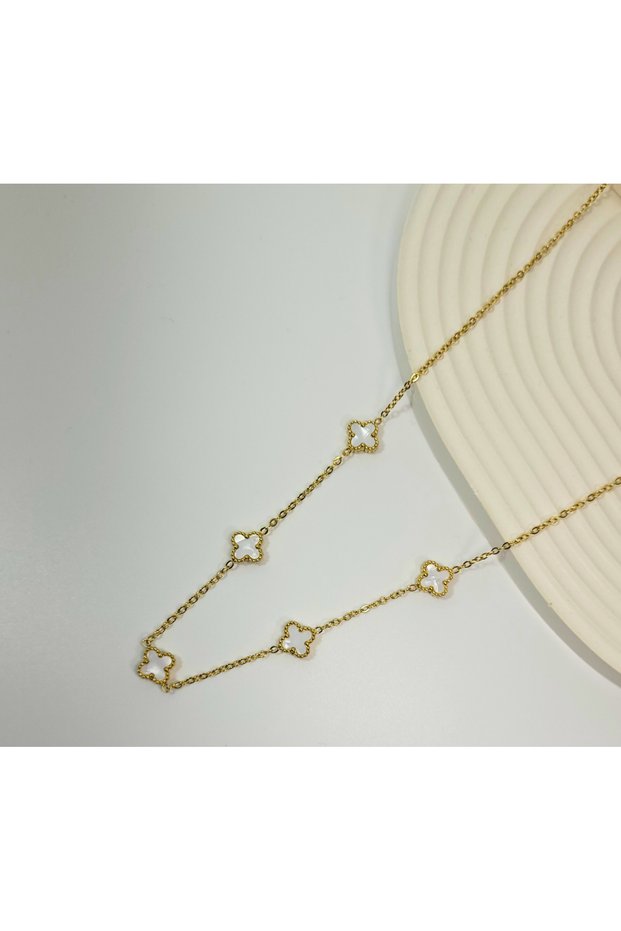 Gold Basic Chain White Mother of Pearl Row Four Leaf Clover Steel Necklace