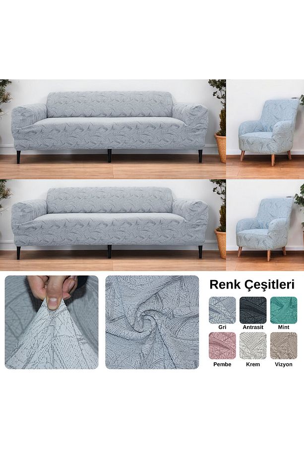 Jakarlı Sehra Desen Gri 3 3 1 1 Lastikli Kanepe Örtüsü | Lastikli Koltuk Örtüsü | Koltuk Kılıfı - 1