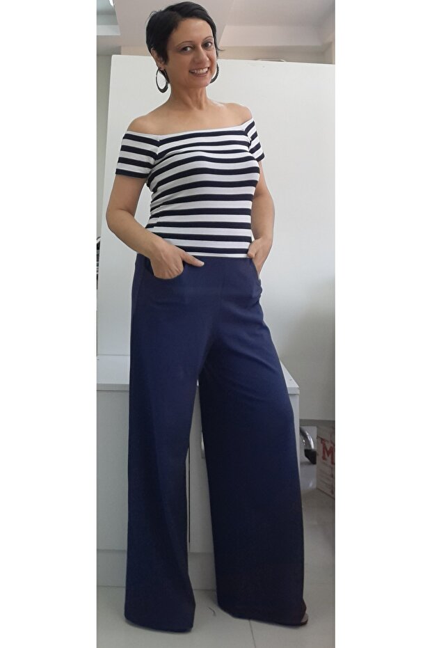 Navy Blue Elastic Waist Summer Lightweight Loose-Leg Combed Viscose Trousers