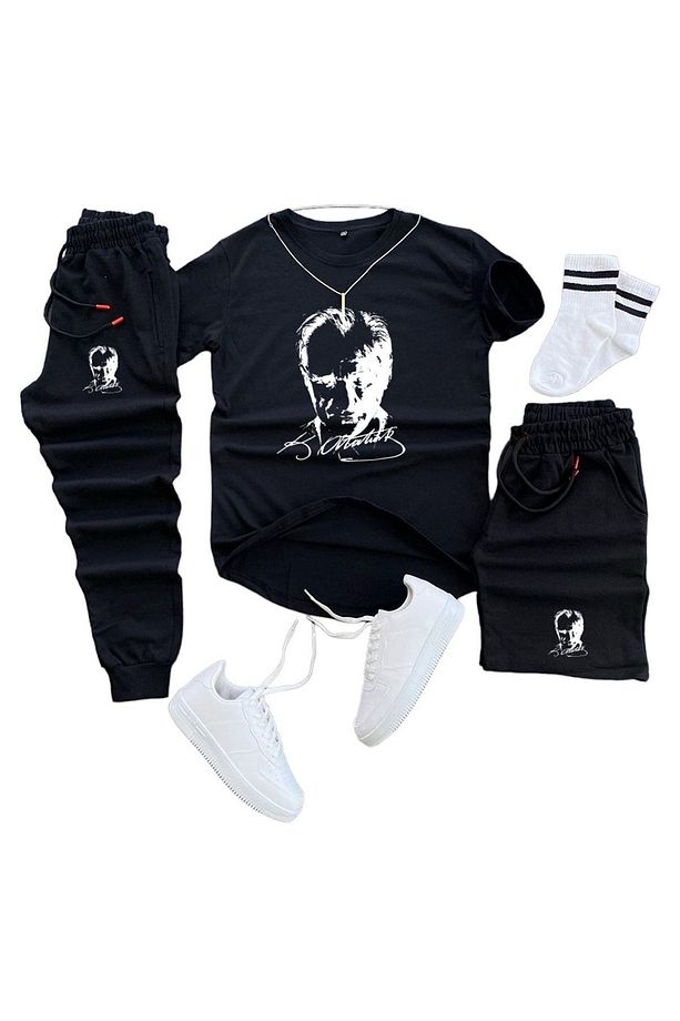 Mustafa Kemal Atatürk Baskılı Original Ünisex Yazlık Şort T-shirt Eşofman Altı 3 Lü Set Combin Takım - 1