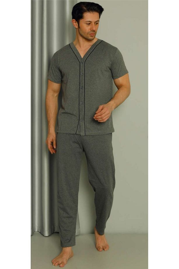 Moonline %100 Pamuk Önü Düğmeli Kısa Kol Yazlık  Erkek Pijama - 1