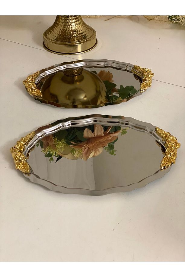 20*25 CM ÇELİK OVAL KALIN KULPLU 2 ADET SERVİS VE SUNUM TEPSİSİ - 3