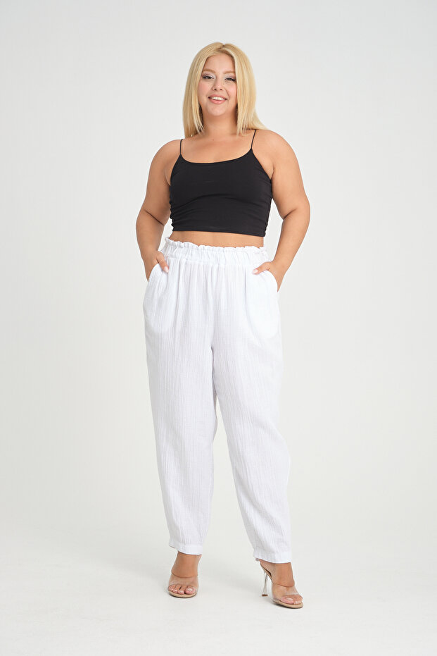 White Muslin Elastic Waist Pants A019-1