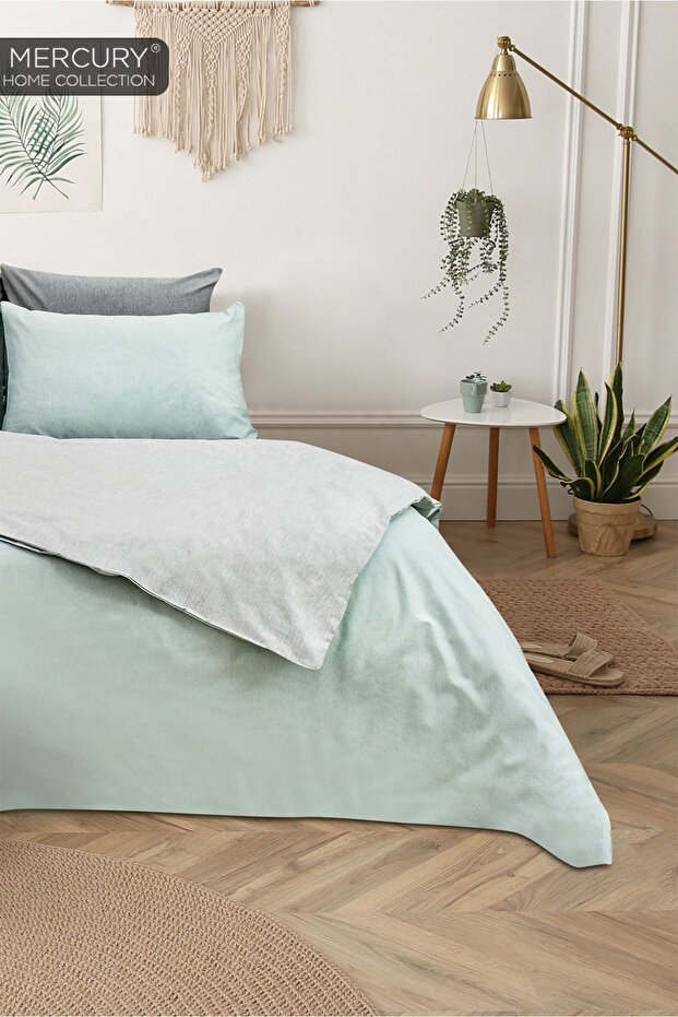 Single Cotton Bedding Set| Green-grey with Elastic Sheets| Double Sided Buttoned Duvet Cover - 4