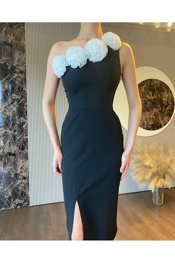 Gül Detaylı Yandan Yırtmaçlı MİDİ Elbise - 4
