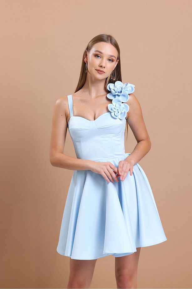 Askılı Bebe Mavisi Mini Elbise - 6