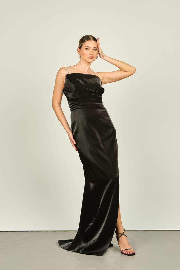 Women's Stone Chain Strap Fish Shape Satin Evening Dress 4547 Black