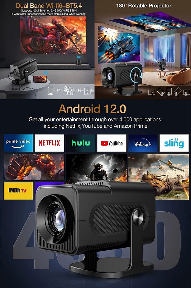 Siyah Oyun Modlu Atari Konsol Hediyeli Taşınabilir Sinema Projeksiyon 1280*720p Android 11 Projektör - 6