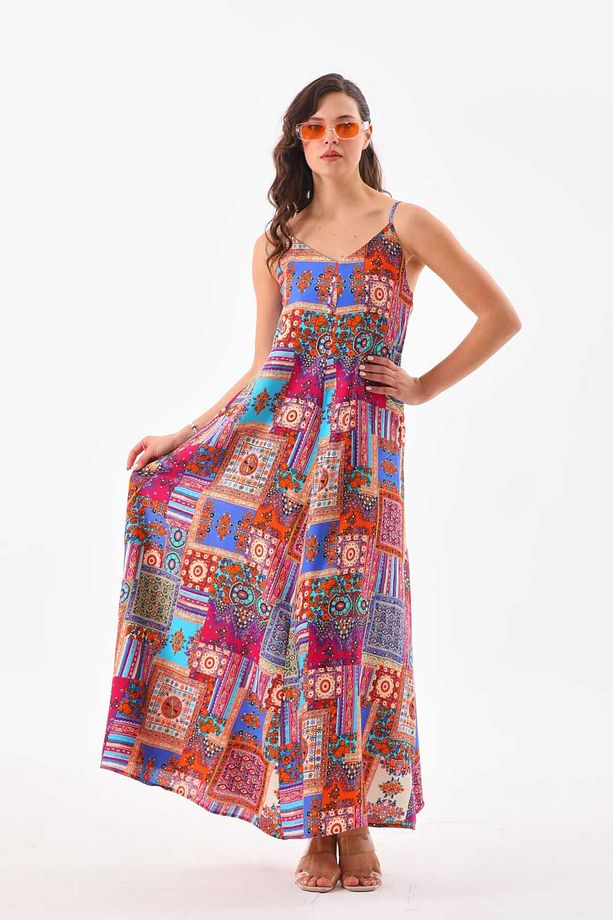 Patchwork Düz Askılı Elbise - 1
