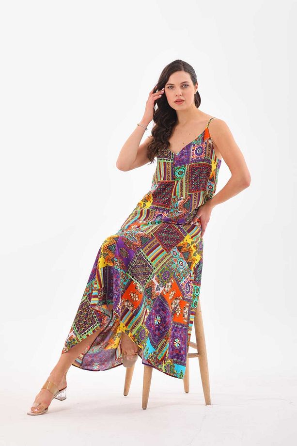 Patchwork Düz Askılı Elbise - 5