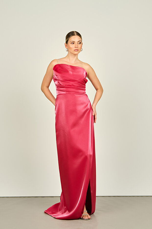Women's Stone Chain Strap Fish Shape Satin Evening Dress 4547 Red