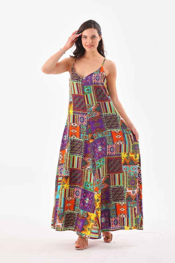 Patchwork Düz Askılı Elbise - 8
