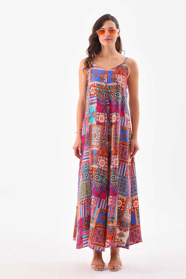 Patchwork Düz Askılı Elbise - 8