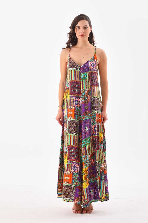 Patchwork Düz Askılı Elbise - 9